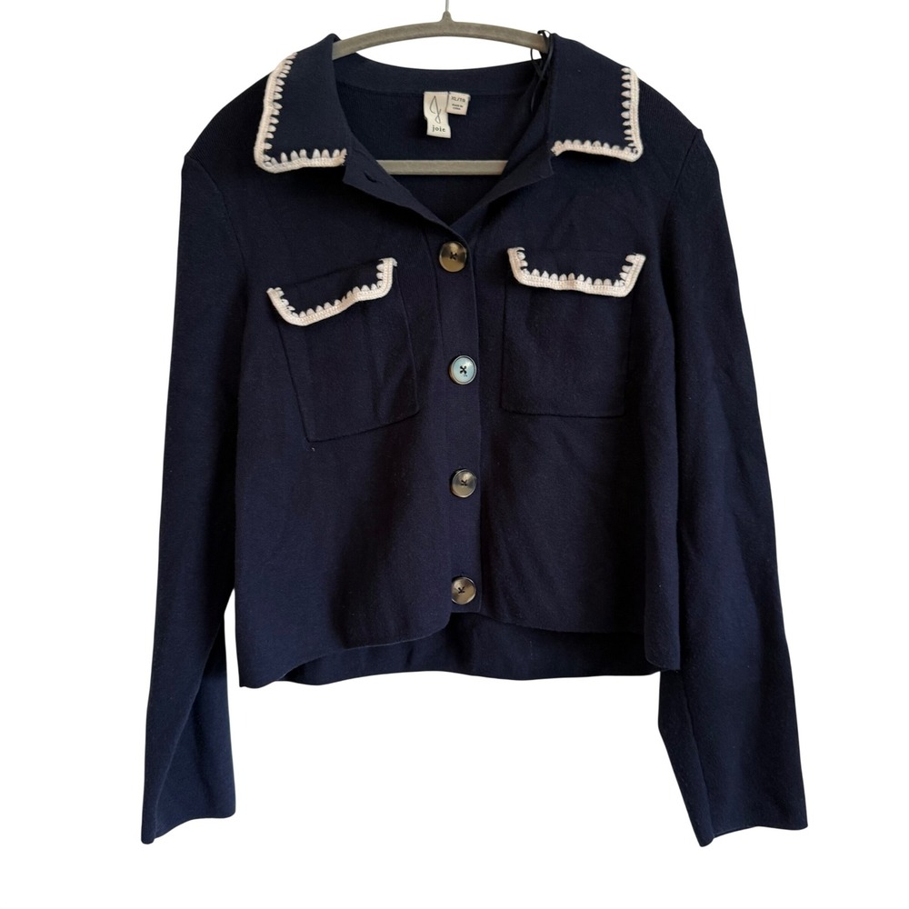Josie Navy Cardigan Sweater Viscose collared crochet women's XL sezane Betty